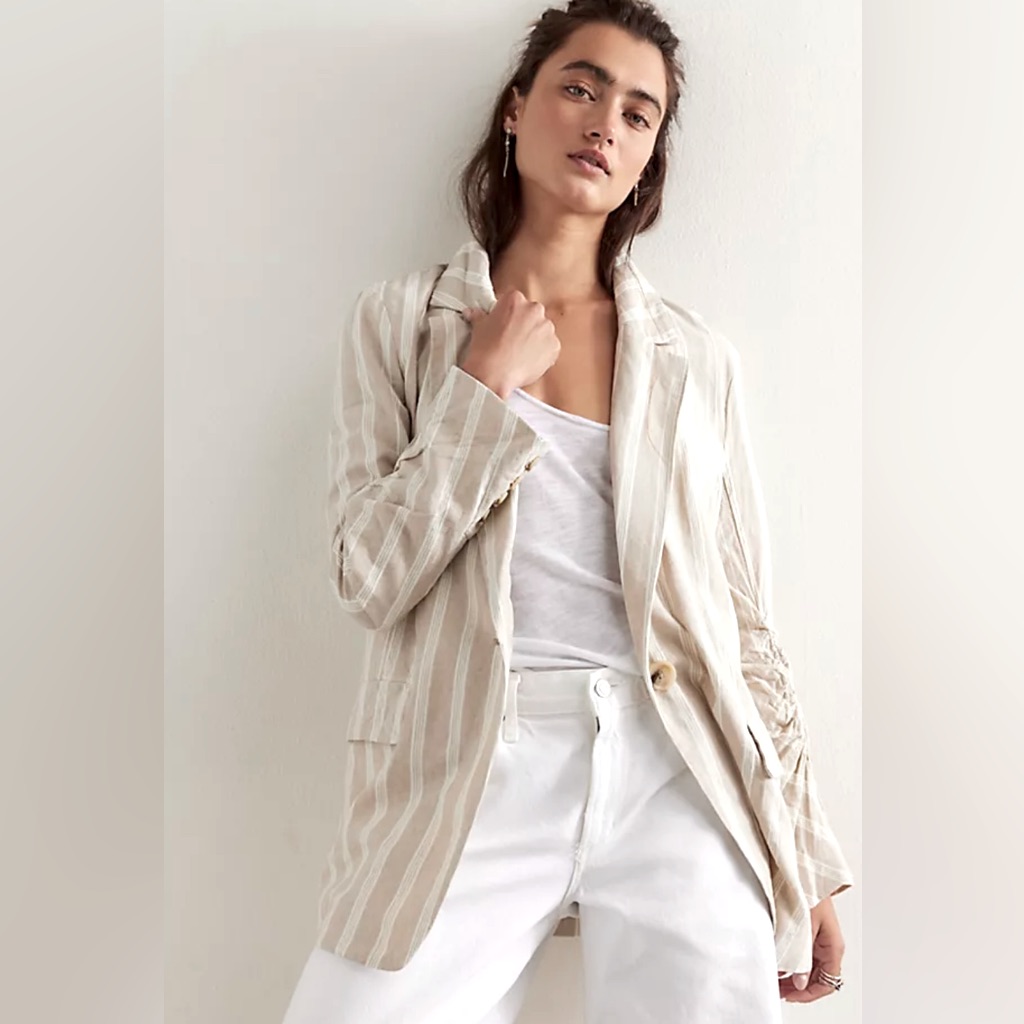 Free People Fern Linen Blend Blazer With Ruched Sleeves In Dusty Beige, Sz Xs